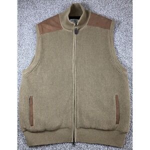 Orvis Sweater Vest Mens Large Tan Leather Trim Heavyweight Cotton Knit Full Zip